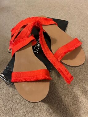 J. Crew Orange Red Fringed Strap Flat Sandals